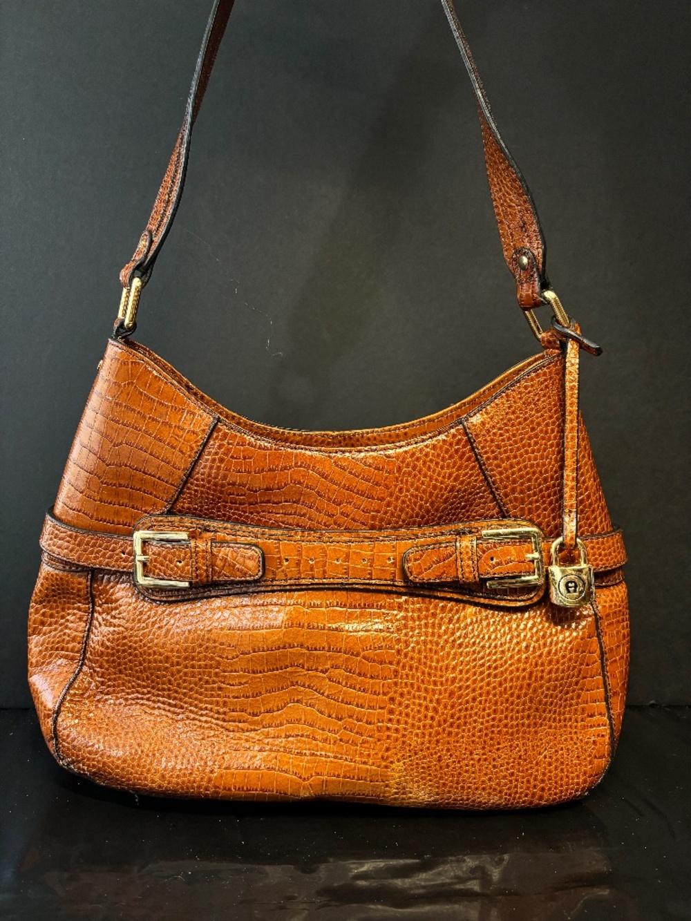 Etienne Aigner Brown Embossed Leather Shoulder Bag Croc Texture Classic Hobo